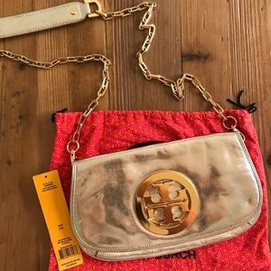 Tory Burch Gold Metallic logo clutch
